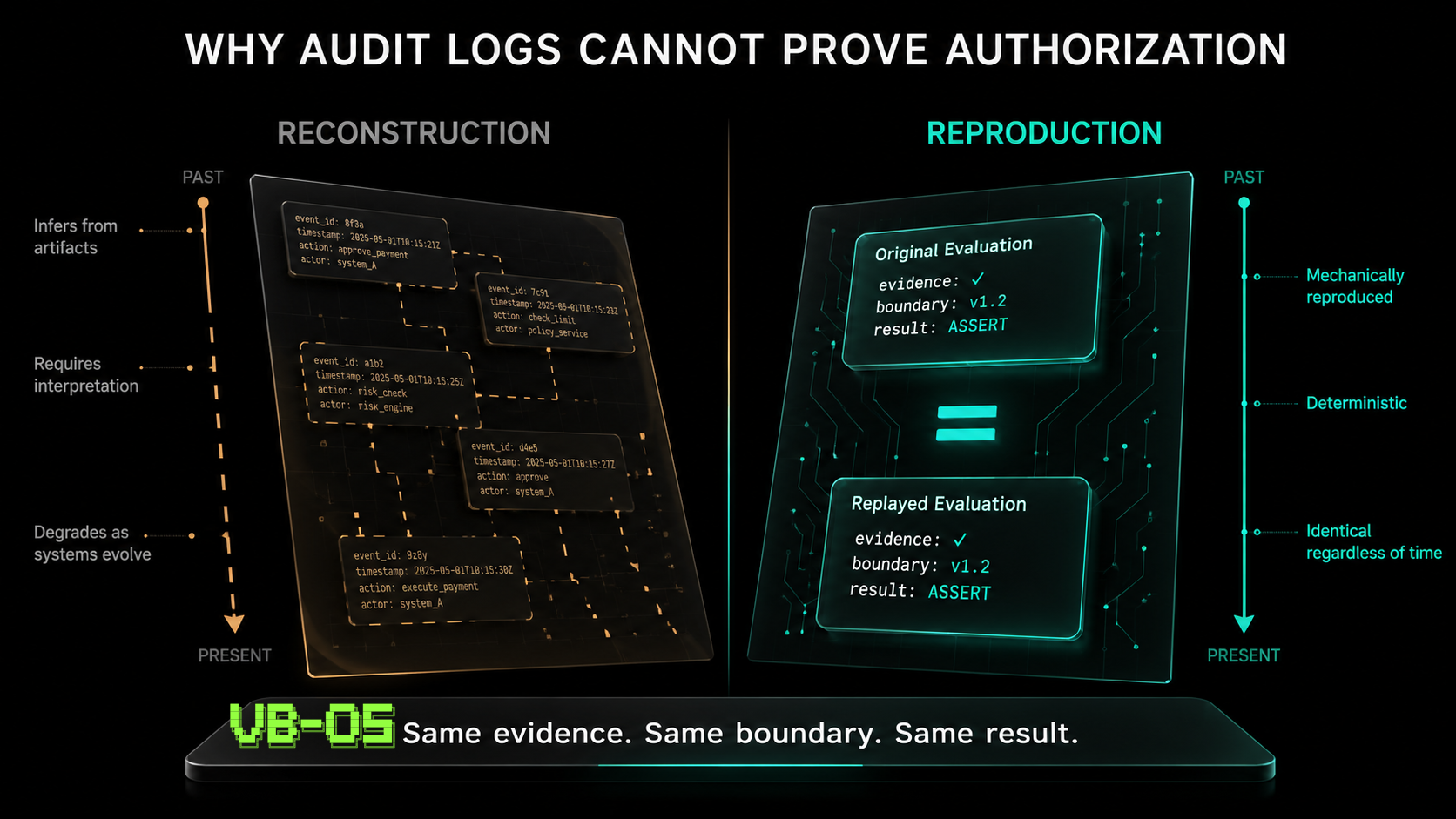 VB-OS (Verification Boundary Operating System) — Why Audit Logs Cannot Prove Authorization by Asaad Riaz. Reconstruction vs Reproduction comparison: fragmented historical artifacts degrading over time versus VB-OS deterministic replay producing mechanically identical evaluation results. Same evidence, same boundary, same result.